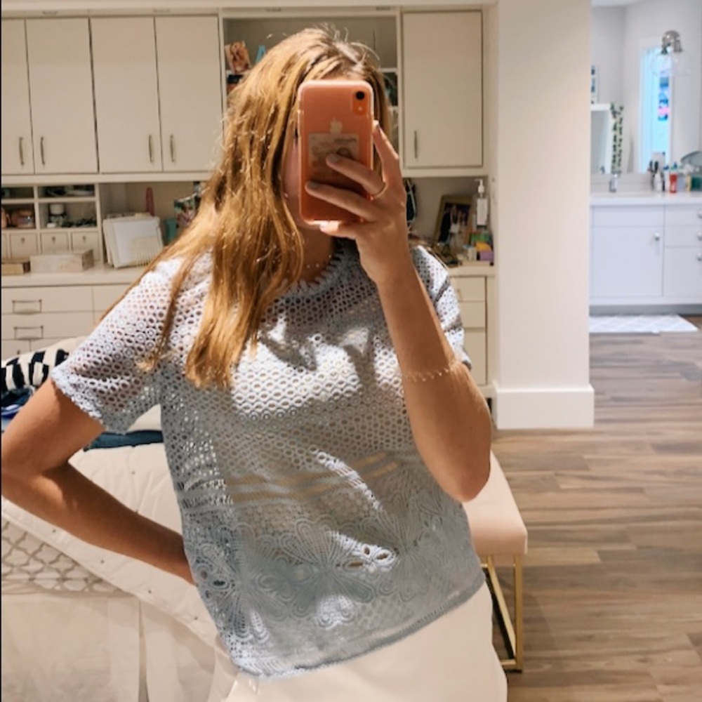 Anthropologie English factory blue laser cut top